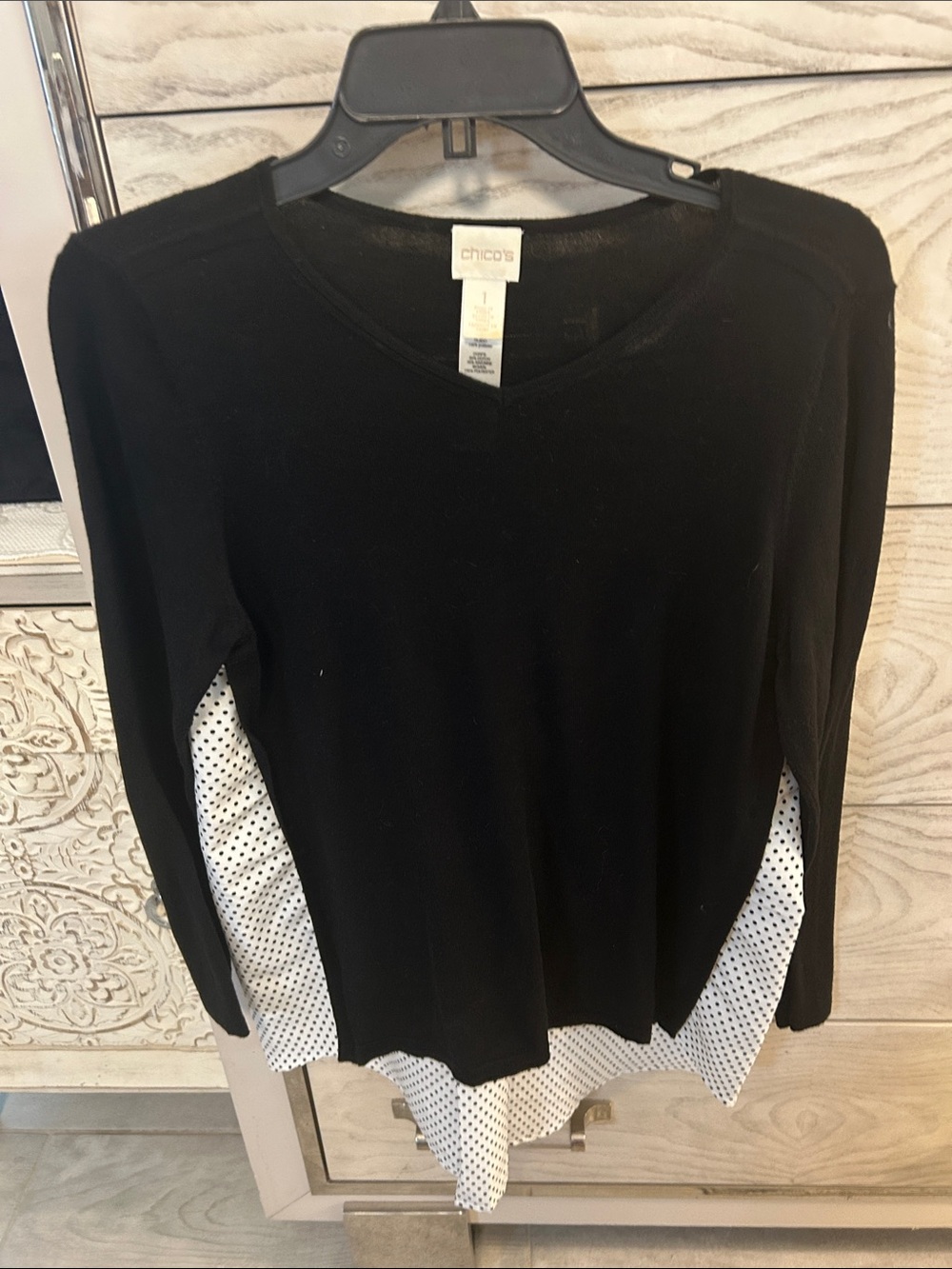 Chico's Black Layered V-Neck Sweater with Polka Dot Hem